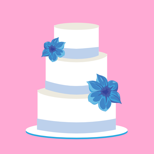 Three-tier white wedding cake with light blue ribbons and two blue floral decorations on pink background