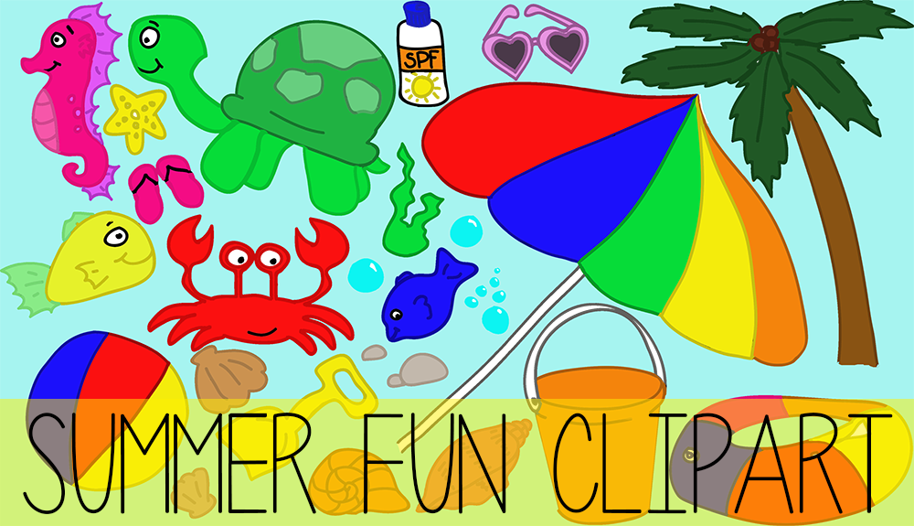 Colorful summer beach clipart featuring sea creatures, umbrella, bucket, sunscreen, and palm tree.