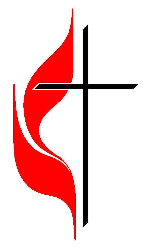 United Methodist Church logo featuring a black cross and red flame on white background.