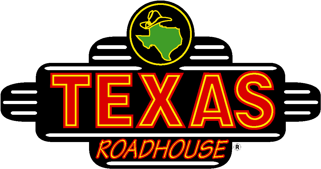 Texas Roadhouse logo featuring bold red "TEXAS" text, green Texas state outline with cowboy hat, and black decorative frame.