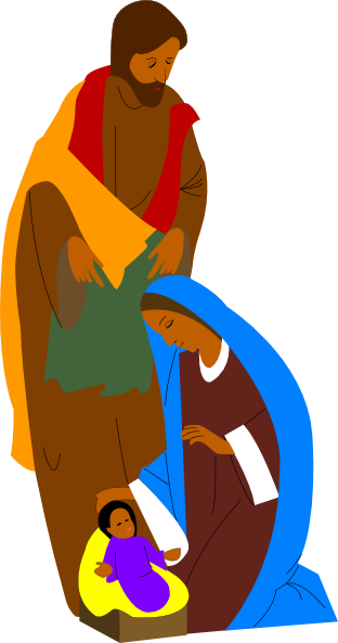 Jesus, Mary, and Joseph in a stylized nativity scene with baby Jesus in a manger.