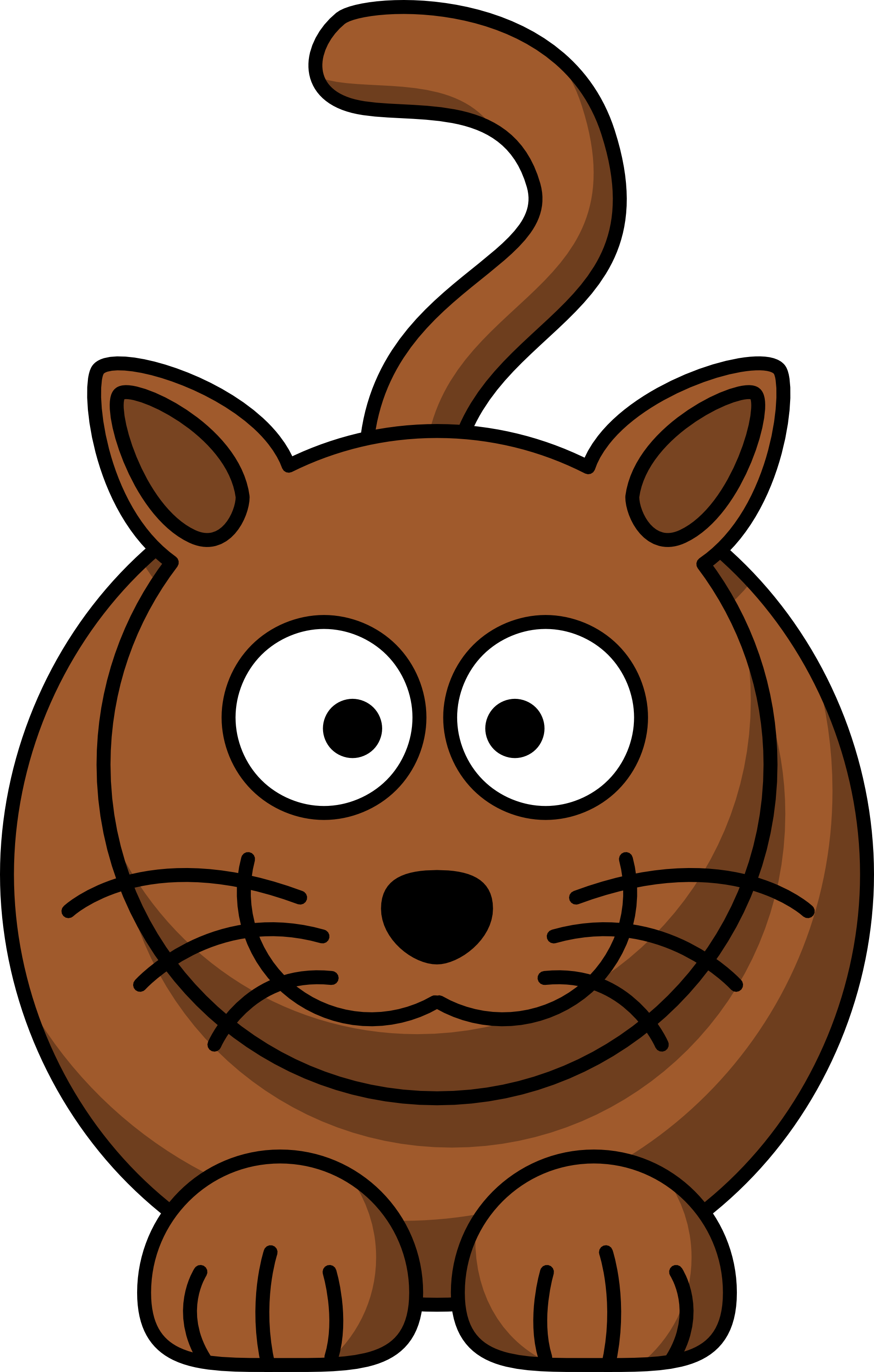 Cute cartoon brown cat with big eyes, stitched smile, and curved tail sitting upright.