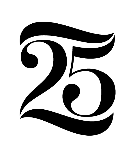 Elegant black-and-white stylized numeral "25" in flowing calligraphic script on white background.