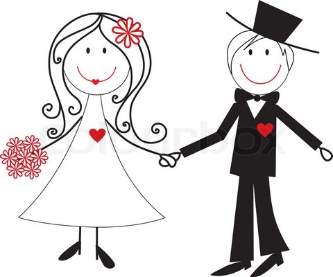 Cartoon Wedding Couple Illustration - Joyful Bride & Groom Holding Hands