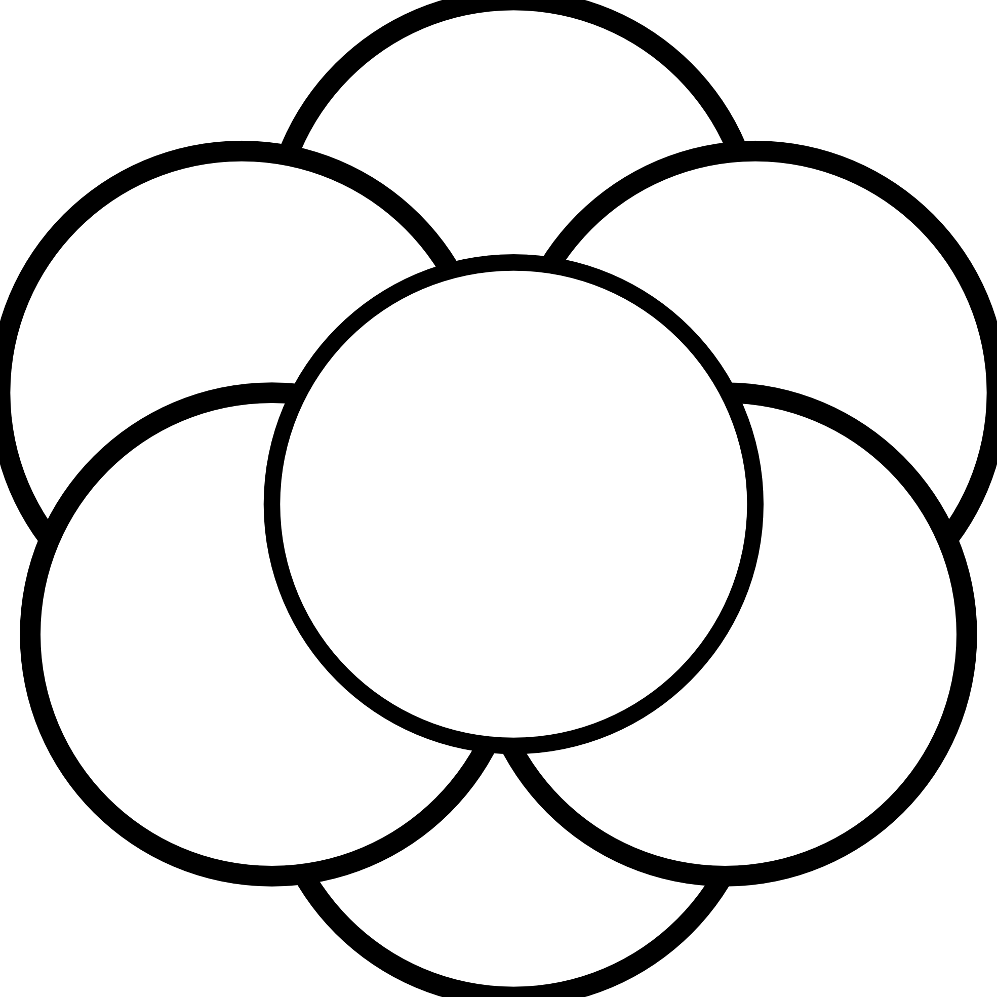 Seven interlocking circles forming a symmetrical floral-like pattern on white background.