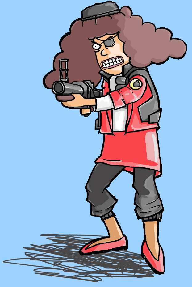 Animated female character with curly hair, eyepatch, and red jacket aiming a futuristic pistol against a blue background.