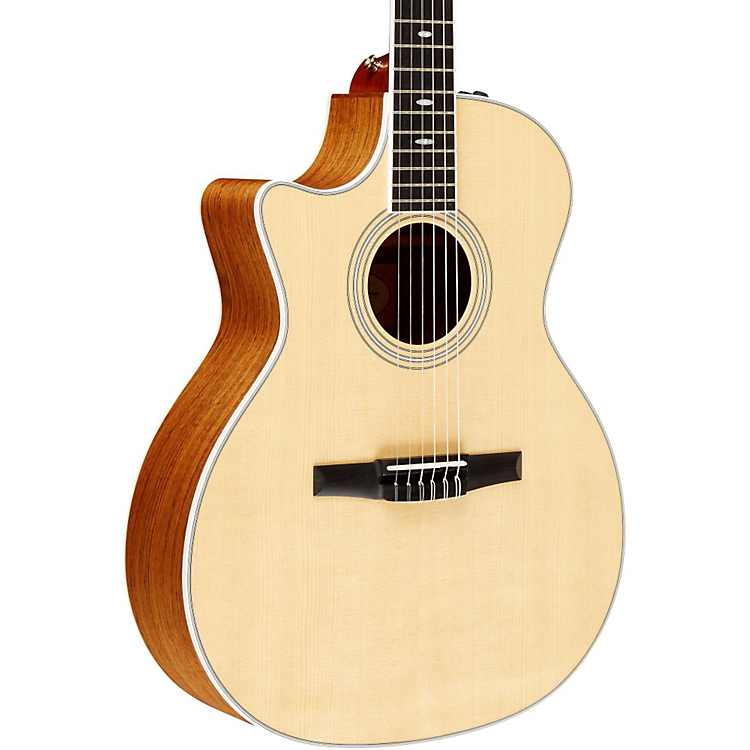 Natural-finish acoustic guitar with cutaway body, rosewood fretboard, and black bridge on white background.