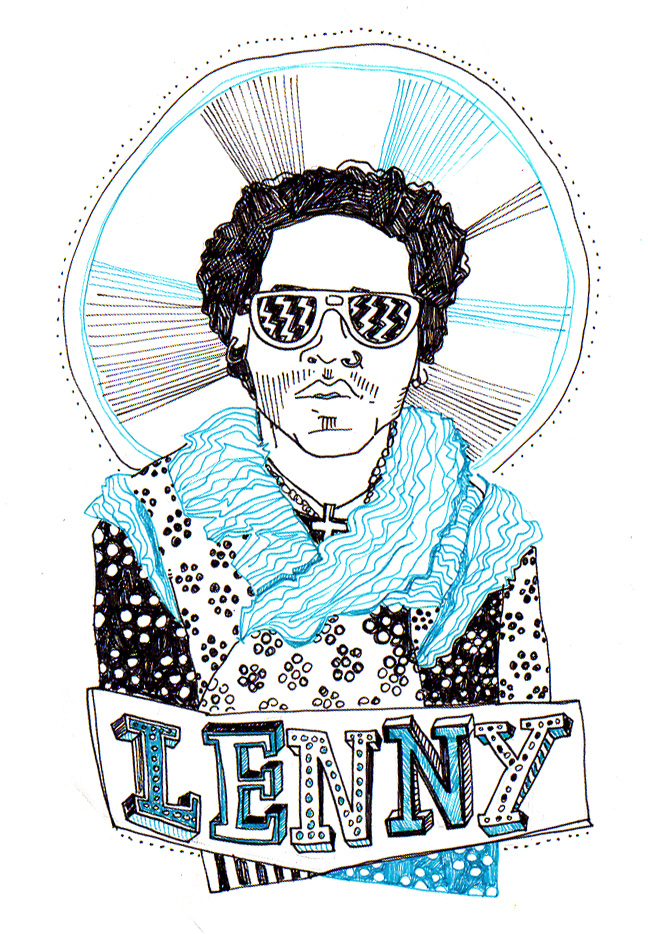 Stylized line-art portrait of Lenny Kravitz with sunglasses, halo, and patterned outfit, signed "LENNY" below.