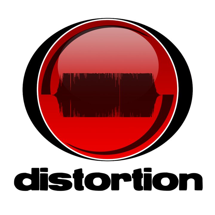 Red glossy circular logo with audio waveform distortion effect and bold "distortion" text below.