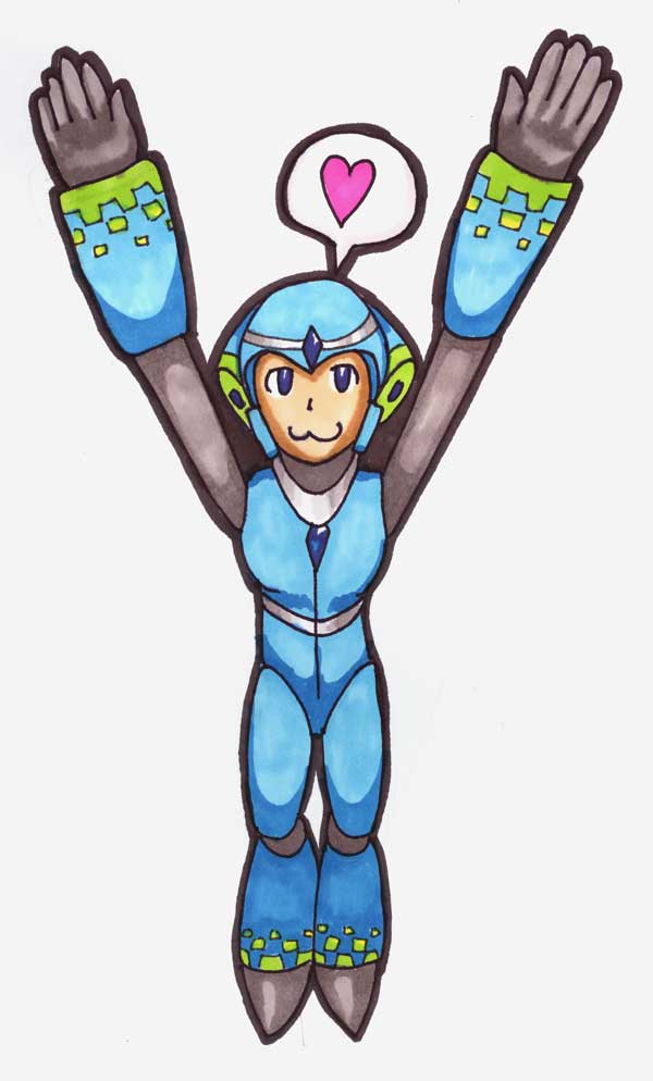 Mega Man X Fan Art - Joyful Pose with Heart Speech Bubble