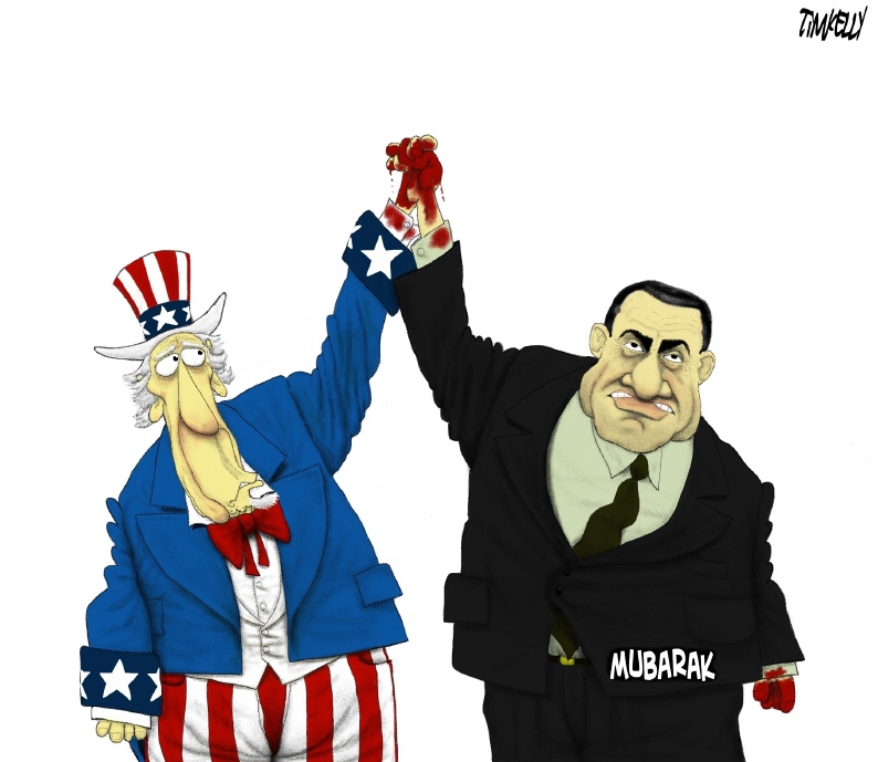 Political cartoon showing Uncle Sam and Hosni Mubarak raising a bloodied fist together, symbolizing controversial alliance.