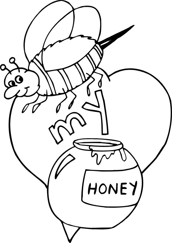 Cheerful cartoon bee flying over a honey pot with dripping honey and the word "HONEY" on the label, inside a heart outline.