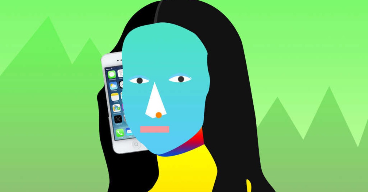 Stylized illustration of a person with cyan face holding a smartphone against a green mountain backdrop.