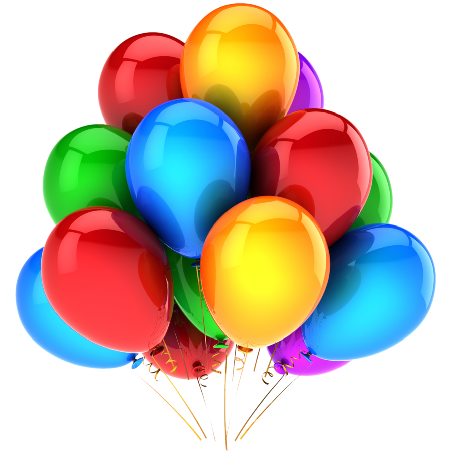 A vibrant cluster of glossy, multicolored party balloons including red, blue, green, yellow, and purple, tied with curly ribbons against a white background.