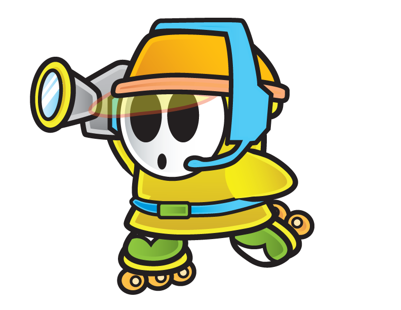 A cartoon character in yellow gear, blue headset, and green rollerblades holding a magnifying glass.