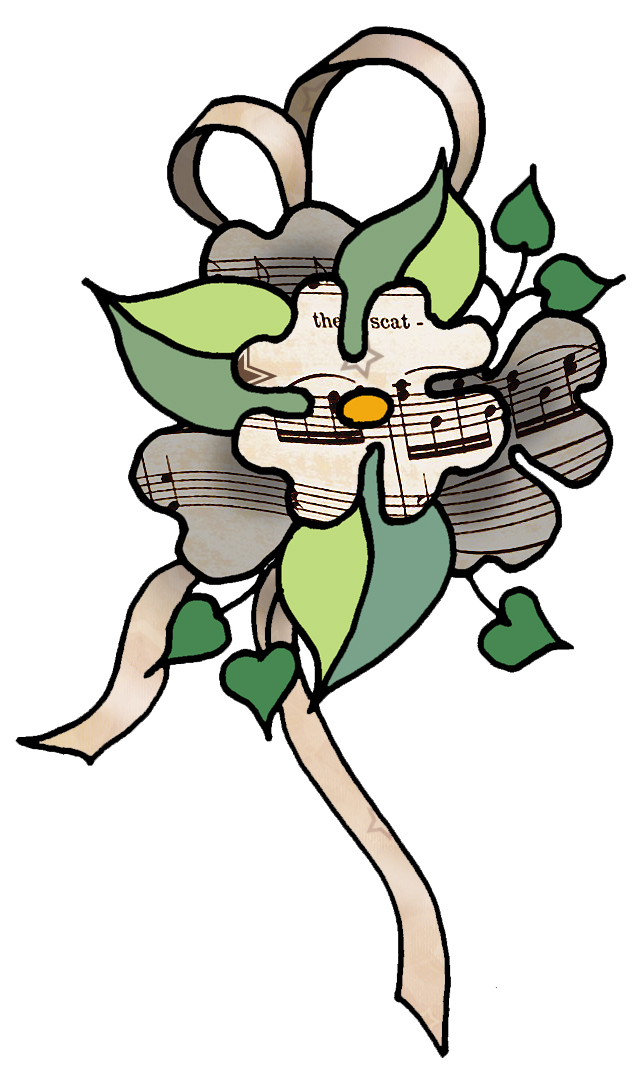 A stylized floral bouquet made of sheet music pages, green leaves, and ribbon, with musical notes and a central orange accent.
