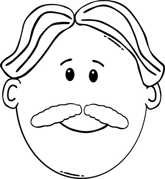 Black-and-white line drawing of a smiling man with wavy hair and a bushy mustache.