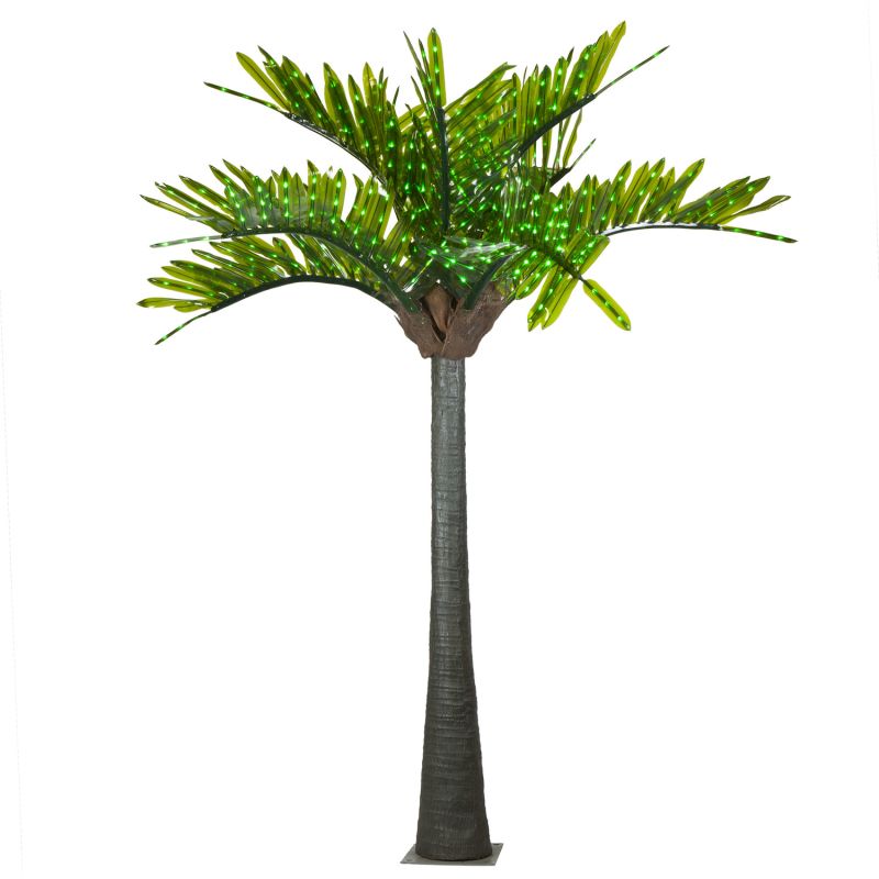 Artificial palm tree with green LED lights embedded in fronds, standing tall on a white background.