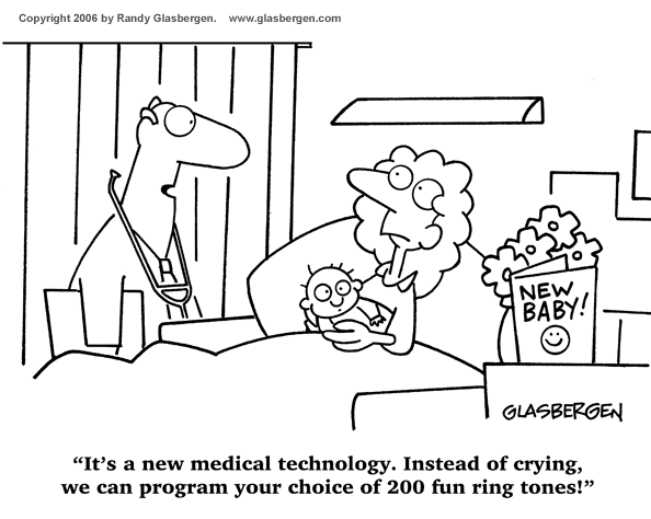 A cartoon of a doctor with crutches and a new mom holding a baby, next to a "NEW BABY!" gift basket, with humorous caption about programming ring tones.
