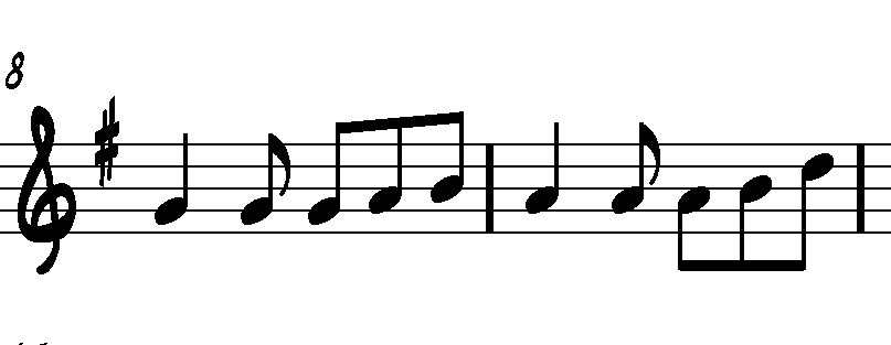 Musical staff with G clef, sharp key signature, and a sequence of notes including eighth and quarter notes.