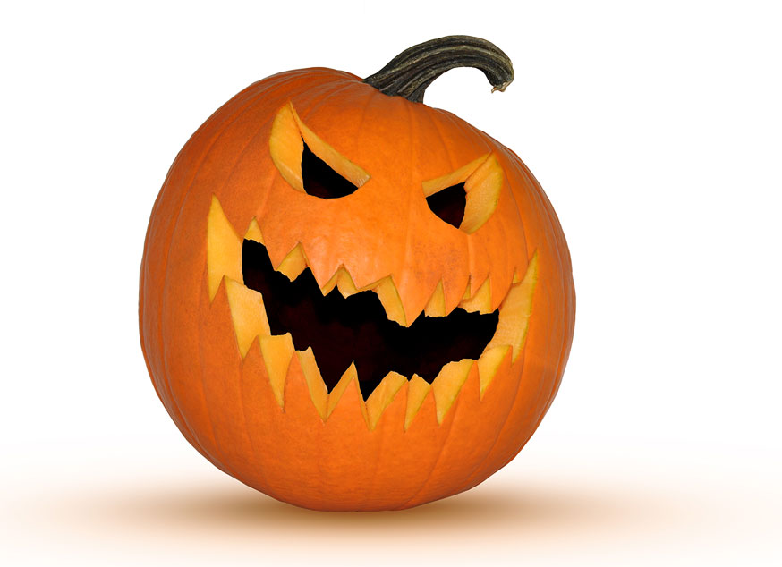 Carved Halloween pumpkin with menacing triangular eyes and jagged toothy grin, isolated on white background.