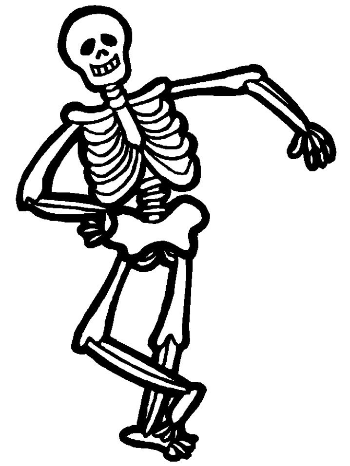 Cartoon skeleton dancing joyfully with one arm raised and legs crossed in a playful pose.