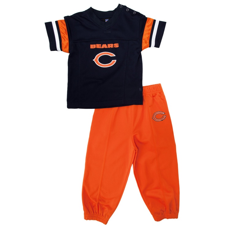 Chicago Bears toddler football jersey and pants set in navy and orange with team logo.