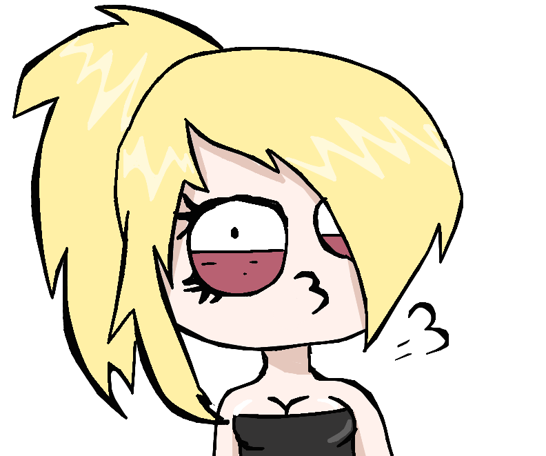 Blond anime-style girl with spiky hair, one eye wide open and the other half-closed, blowing a kiss with a playful expression.