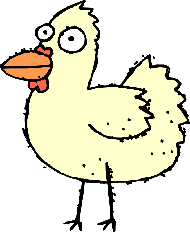 Cartoon yellow chicken with wide eyes, orange beak, and cheerful expression on black background.