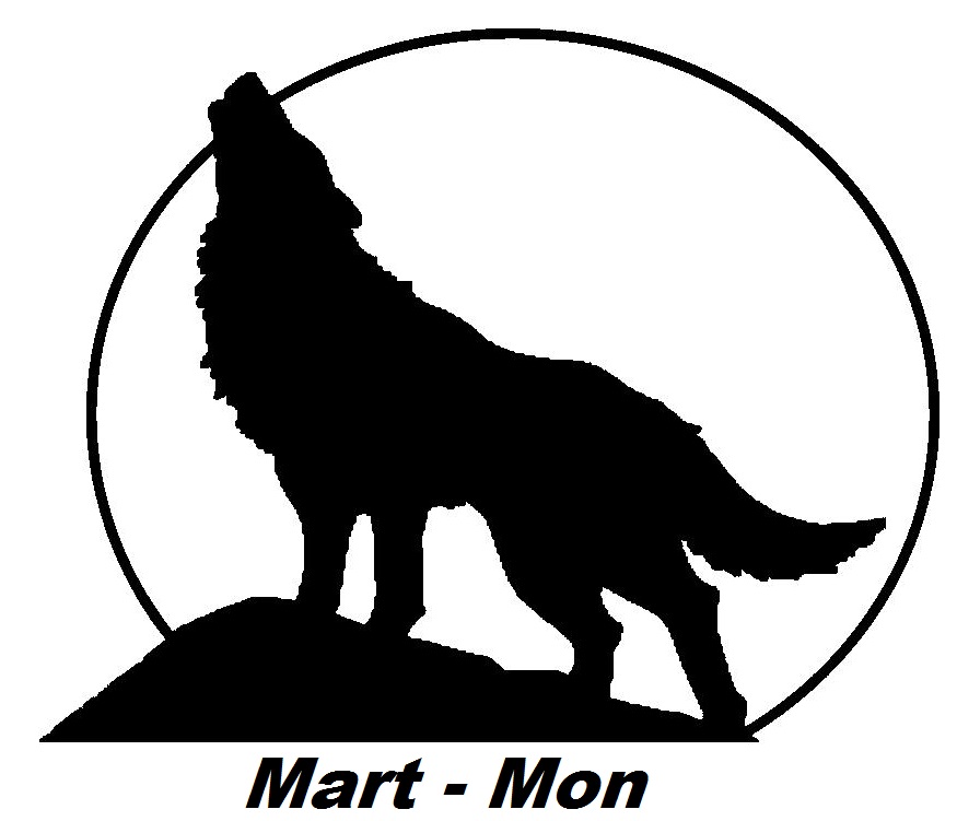 Black silhouette of a howling wolf on a hill against a circular backdrop, with text "Mart - Mon" below.