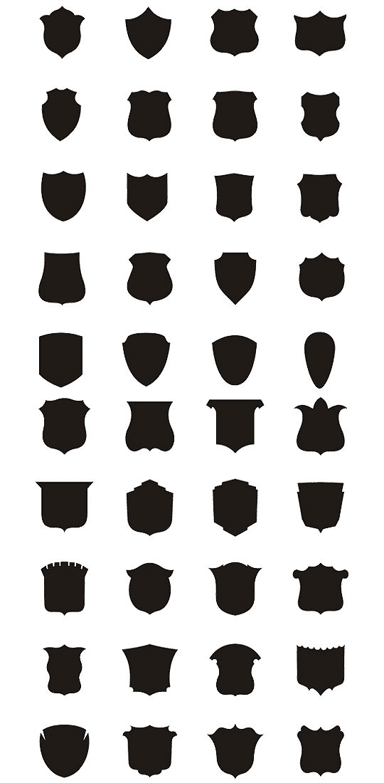 Collection of 32 black shield silhouettes in varied traditional and decorative shapes on white background.