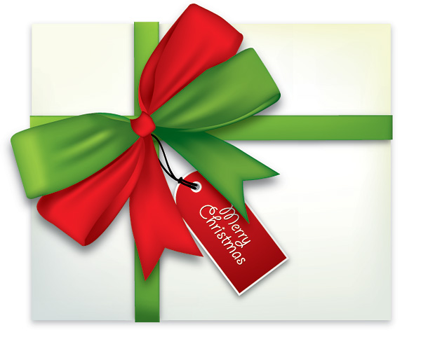 Festive Christmas Gift Box with Red Bow and Holiday Tag