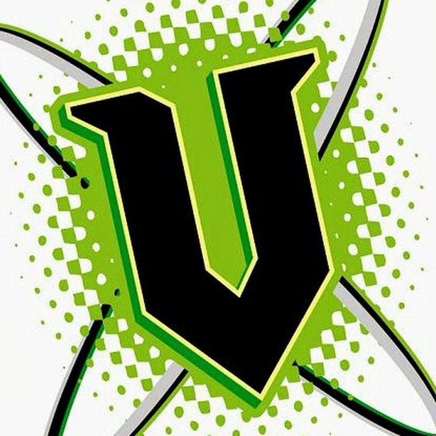 Bold black letter "U" with lime green and yellow outline, surrounded by dynamic halftone dots and racing stripes on white background.
