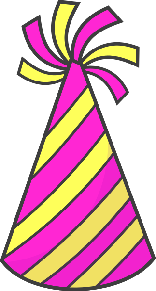 Bright pink and yellow striped party hat with festive ribbon streamers.
