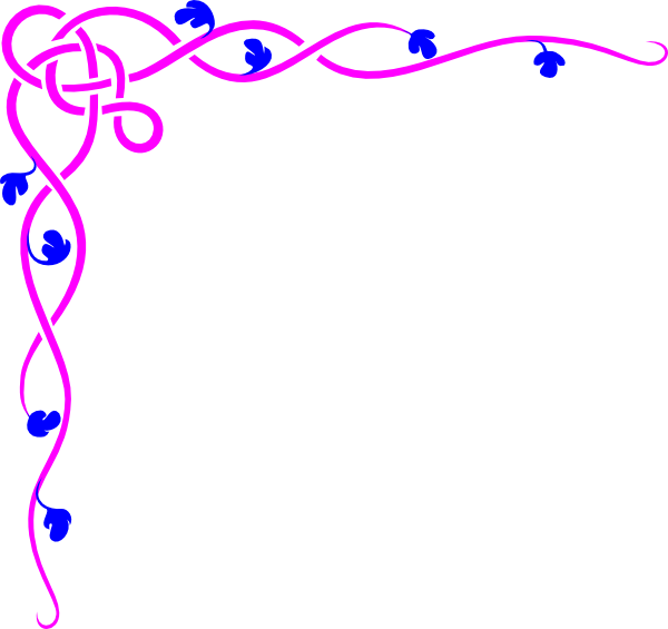 Pink Celtic knot corner border with blue leaf accents on white background