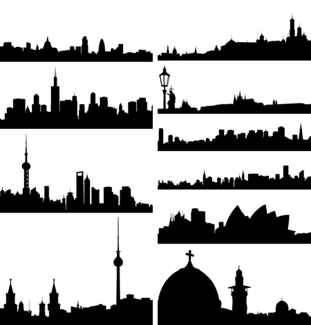Collection of iconic city skyline silhouettes including Sydney, Berlin, Shanghai, and others in black and white vector style.