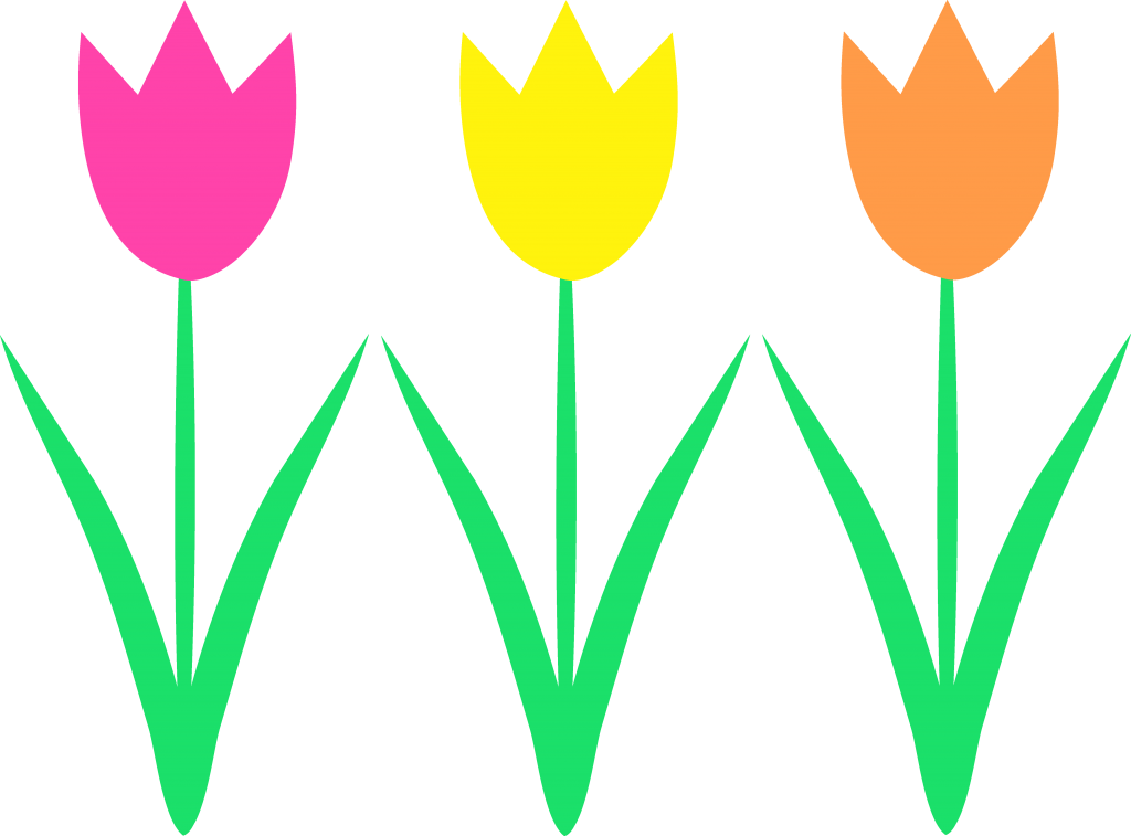 Three colorful stylized tulips-pink, yellow, and orange-with green stems and leaves on a black background.