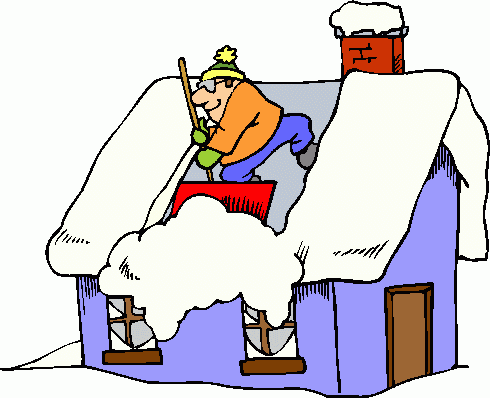 Man in winter gear shoveling snow off a snowy roof with chimney smoke rising.