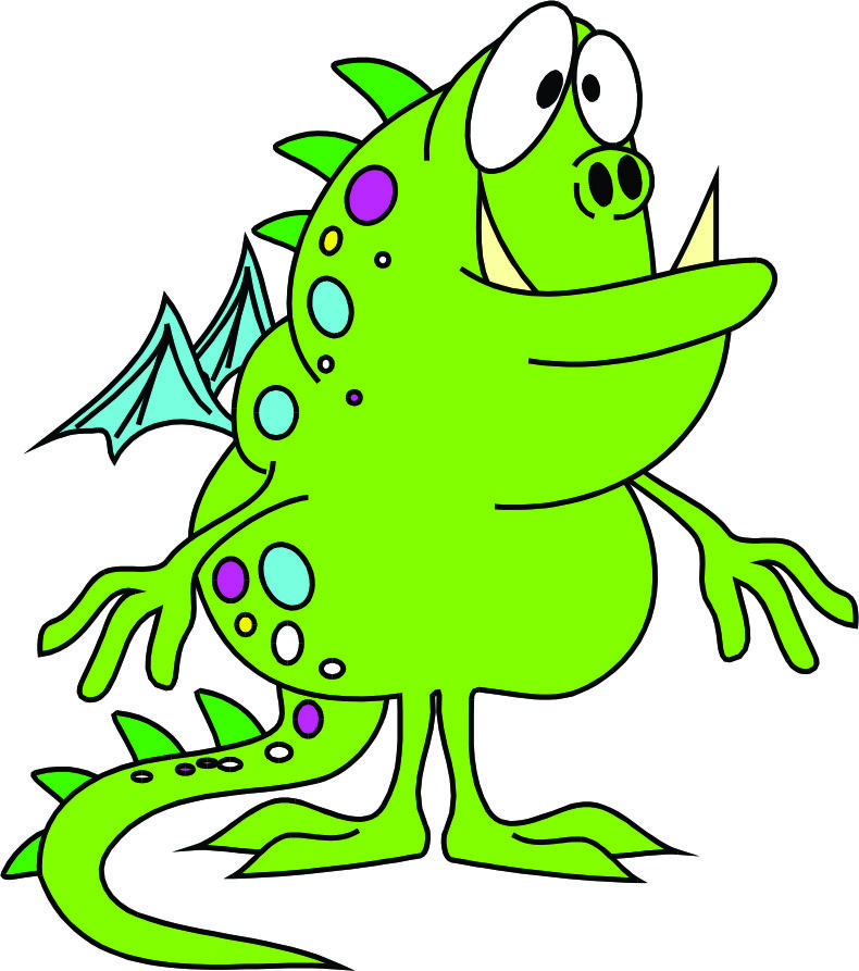 Friendly green cartoon dragon with colorful spots, wings, and a cheerful expression.