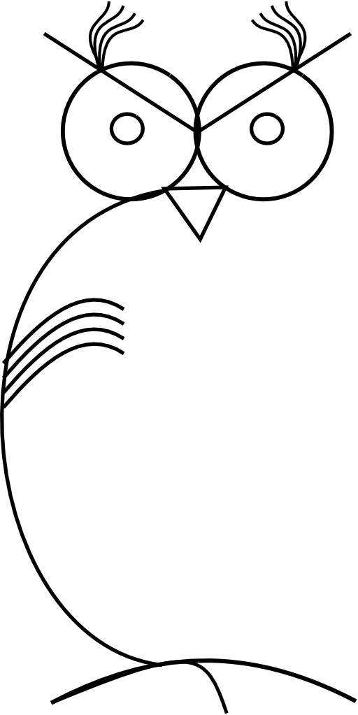 Minimalist line-art owl with large round eyes, tufted ears, and curved body outline.