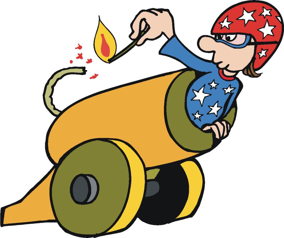 Cartoon character in star-patterned helmet lighting a cannon fuse with a match.