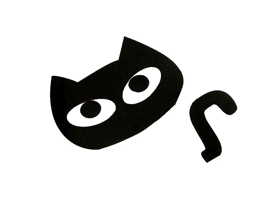 Black cat mascot logo with large white eyes and a curved tail on white background.