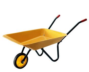 Bright yellow wheelbarrow with black frame and red handles, isolated on white background.