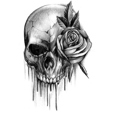 Bloody skull tattoo with rose. I like how its black and white 