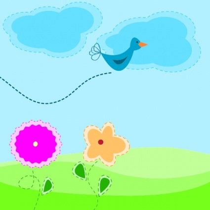 A cheerful blue bird flies through a bright sky above colorful flowers and fluffy clouds in a playful, stitched-style illustration.