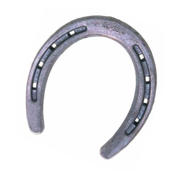 Classic steel horseshoe with six nail holes and engraved branding, isolated on white background.
