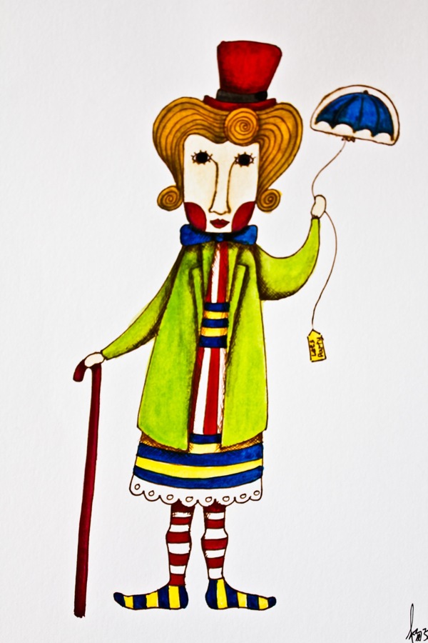 Whimsical illustrated character in green coat, red top hat, striped socks, holding a cane and tiny blue umbrella with tag.