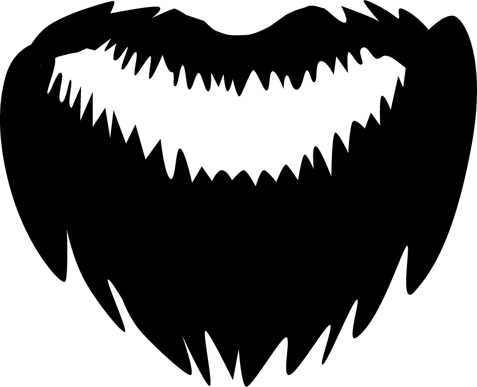 Black silhouette of a full beard and mustache with jagged, stylized edges on white background.