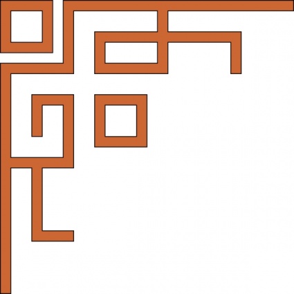 Orange geometric line art forming an abstract maze-like corner border on white background.