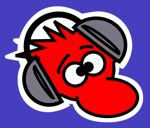 Red cartoon character with spiky hair wearing gray headphones on purple background